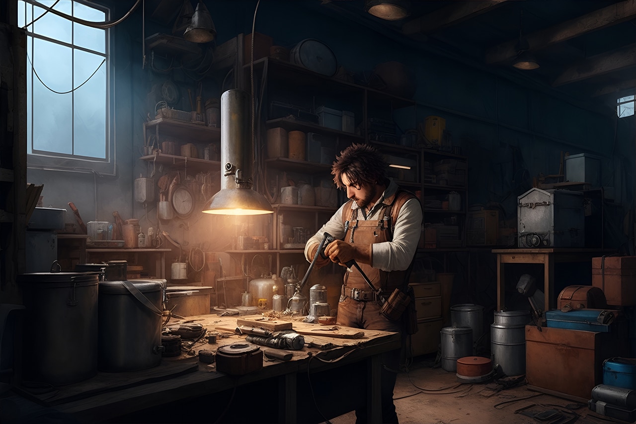 Adventure Repair Shop Adventurer visits repair shop for support.
